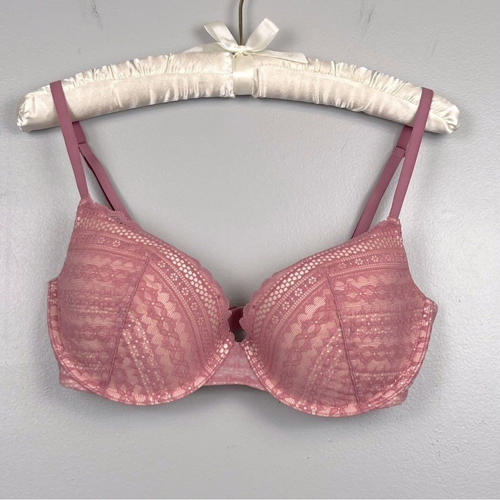 Victoria’s Secret pink lace overlay Demi bra, 34DD.